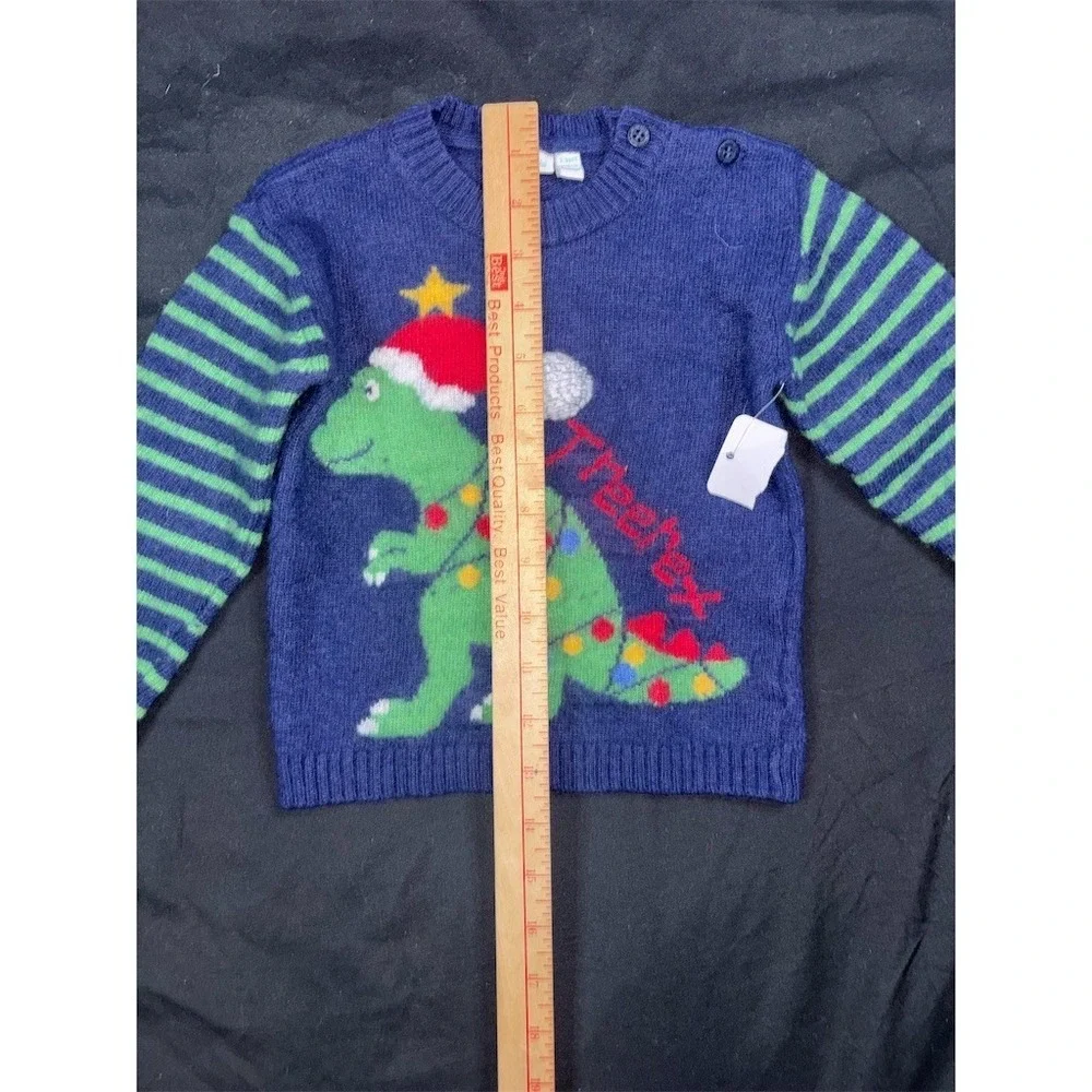 JoJo Maman Bébé Boys Sweater 2T Navy Christmas Dinosaur Trexmas Pullover T-Rex